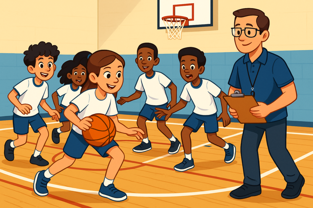 Prompt: Chat, preciso que você crie uma imagem de alunos em uma aula de educação física, na quadra com o professor. Nessa imagem precisamos de meninos e meninas, com uniforme escolar, jogando alguma modalidade coletiva de invasão. O professor precisa estar segurando algo que indique que é o planejamento da aula. 